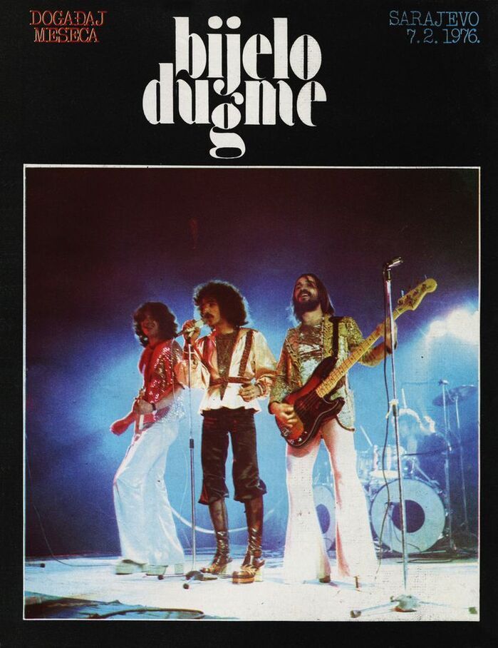 Poster for a concert in Sarajevo on February 2, 1976, with small text in . The text in the upper left corner reads &ldquo;Događaj meseca&rdquo;, meaning &ldquo;event of the month&rdquo;.