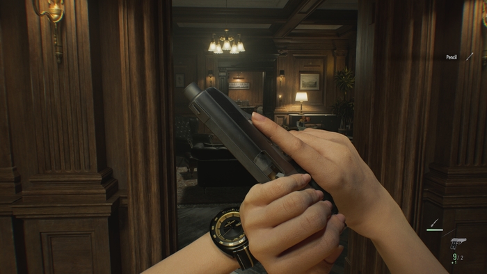 Grace idly checking her gun. Grace's HUD—similar to other horror focused entries is simplistic, only showing the ammo counter and the notification bar where it displays recently picked up items.