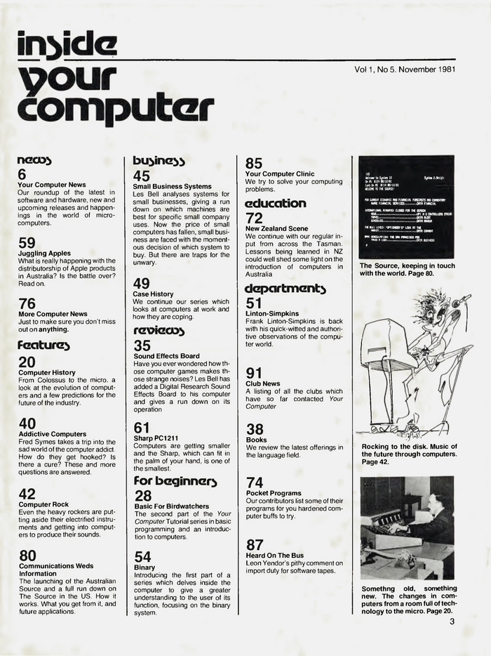 Motter Tektura was also used as headline typeface on interior pages. Here’s the table of contents from no.&nbsp;5, November 1981.