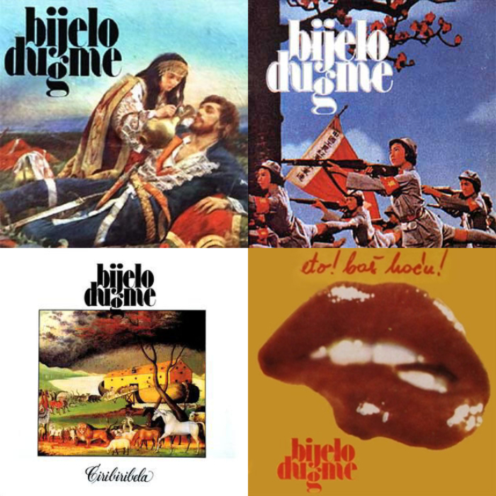 Four album covers for Bijelo Dugme (1984), Pljuni i zapjevaj moja Jugoslavijo (1986), Ćiribiribela (1988), and Eto! Ba&scaron; Hoću! (1976)