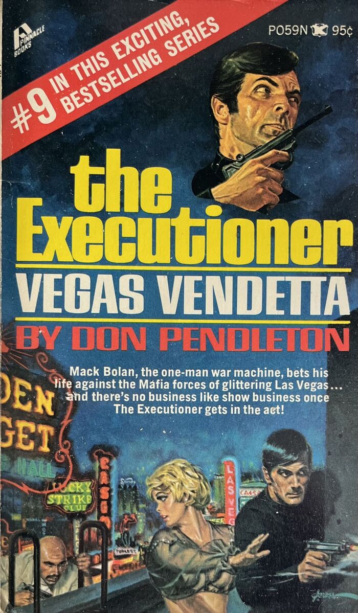 Vegas Vendetta, 1979. Text in the angled band is in  and the synopsis in  Bold.