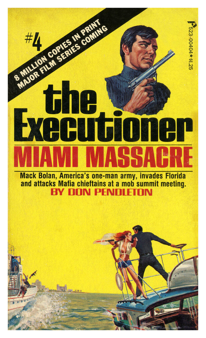 Miami Massacre, 1970. Text in the angled band is in  and the synopsis in .