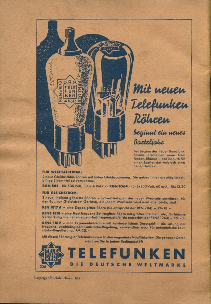 The Telefunken ad on the back cover uses Futura together with . This script typeface was first cast by Berthold in 1931, one year before Energos.