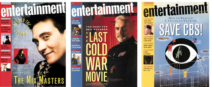 “Early issues of Entertainment Weekly featured a tilted logo and a strip of secondary headlines and images on the left-hand side. The logo would change a number of times in the next few years.” — Robert Newman, SPD Grids