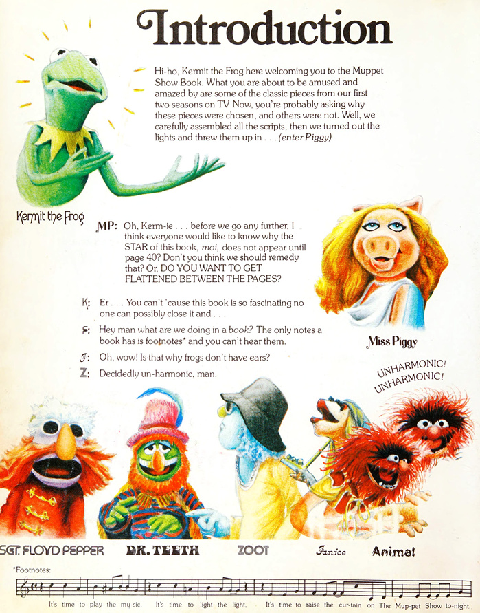 “Introduction” is in the roman style of Bookman Swash. The character-specific fonts are Art Gothic for Kermit the Frog; Sweetheart for Miss Piggy; Yagi Link Double for Sgt. Floyd Pepper; Benguiat Laurent (with Psychemat effect) for Dr. Teeth [edit: rather Bullseye, a copy of , see comments]; ITC Neon for Zoot; Crayonette for Janice; and Shatter for Animal.