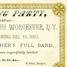 Opening Party ticket, Fox’s Hall South Worcester, N.Y.