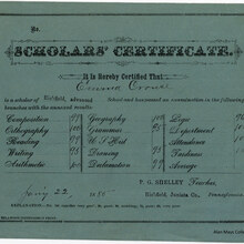 Scholar’s Certificate, Richfield, Pennsylvania, 1885
