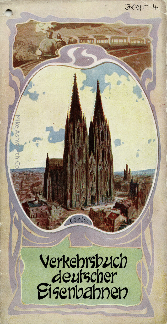 Vol. 4, Nordwestdeutschland (&ldquo;North West Germany&rdquo;). The cover, along with a steam locomotive and train, is in a rather high &lsquo;Art Nouveau&rsquo; style including the lettering, and depicts the famous K&ouml;lner Dom.