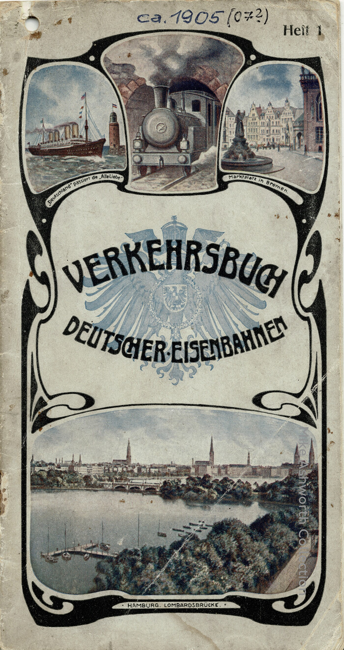 Vol. 1, Norddeutschland (&ldquo;Northern Germany&rdquo;), with lettering similar to . The front cover shows the Lombardsbr&uuml;cke in Hamburg, the Marktplatz in Bremen, and the steamship Deutschland passing the Alte Liebe lighthouse at Cuxhaven.