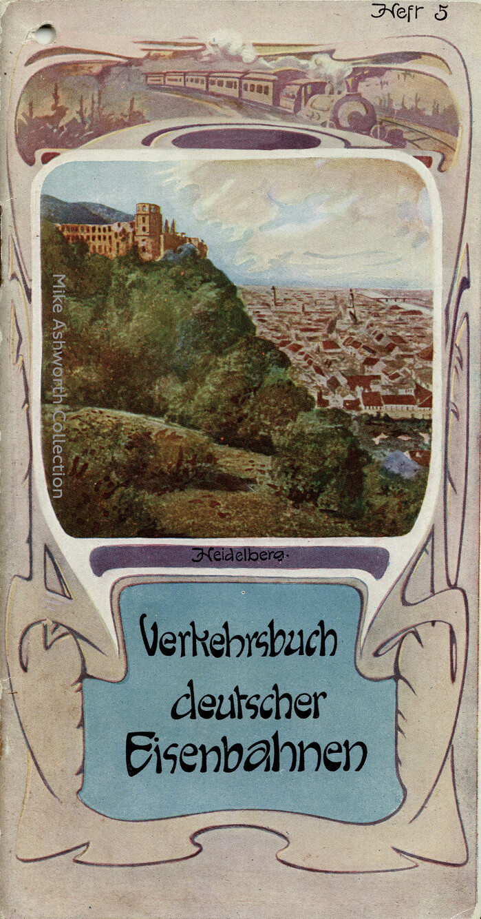 Vol. 5, S&uuml;dwestdeutschland (&ldquo;south west Germany&rdquo;). The cover is almost Guimard in design and shows Heidelberg along with a cartouche of a speeding steam locomotive and train.