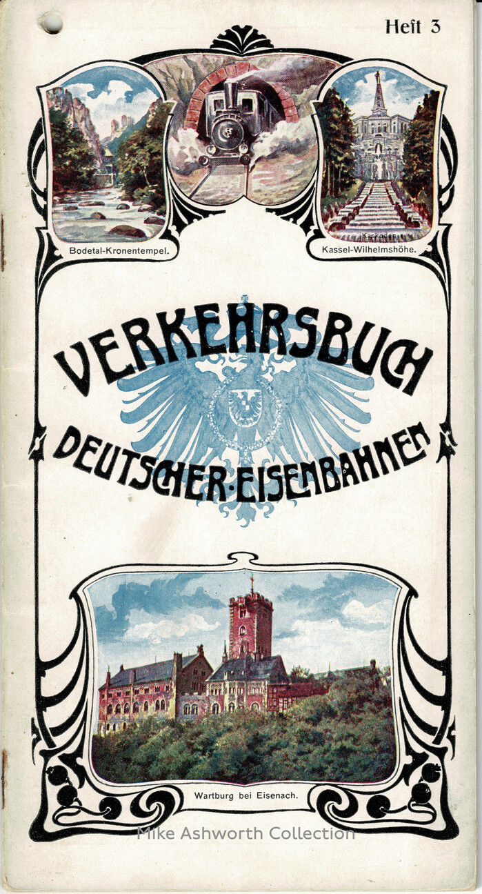 Vol. 3, Mitteldeutschland (&ldquo;Middle Germany&rdquo;) with cover lettering on top of the Imperial Eagle. The vignettes are of the now vanished Kronentempel pavilion at Bodetal in the Harz, the Wilhelmsh&ouml;he in Kassel, and the famous Wartburg overlooking Eisenach.
