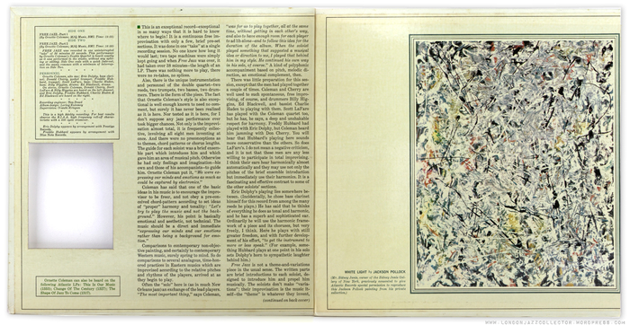 The inside of the gatefold cover, with the cutout at the left revealing a portion of the Pollock painting on the front cover.