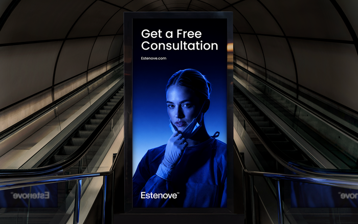 Estenove advertising campaign featuring Druk typography across out-of-home applications.