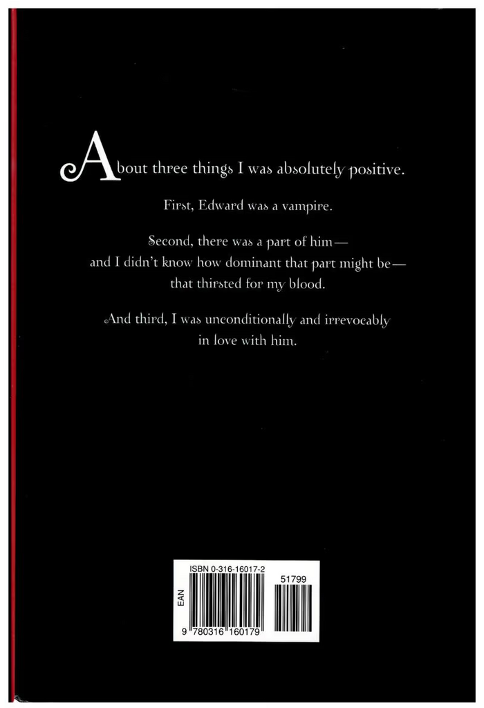 Twilight (2005), back panel of the first-edition jacket