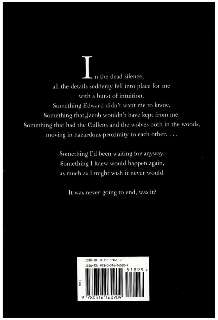 Eclipse (2007), back panel of the first-edition jacket