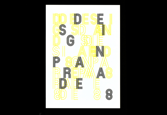 Invitation flyer for Design Parade 8, printed in two colors, combining all three initial styles (Parade Two, Three and Four).