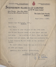 Stephenson Blake & Co Ltd letterhead, 1950