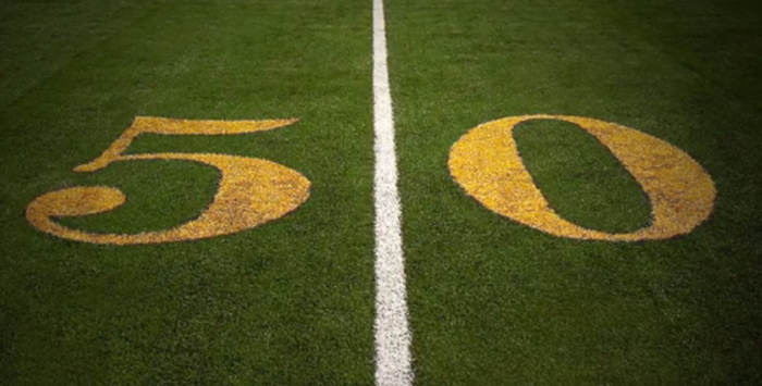 To celebrate Super Bowl 50, during 2015 every stadium had a gold “50” at the 50-yard line.