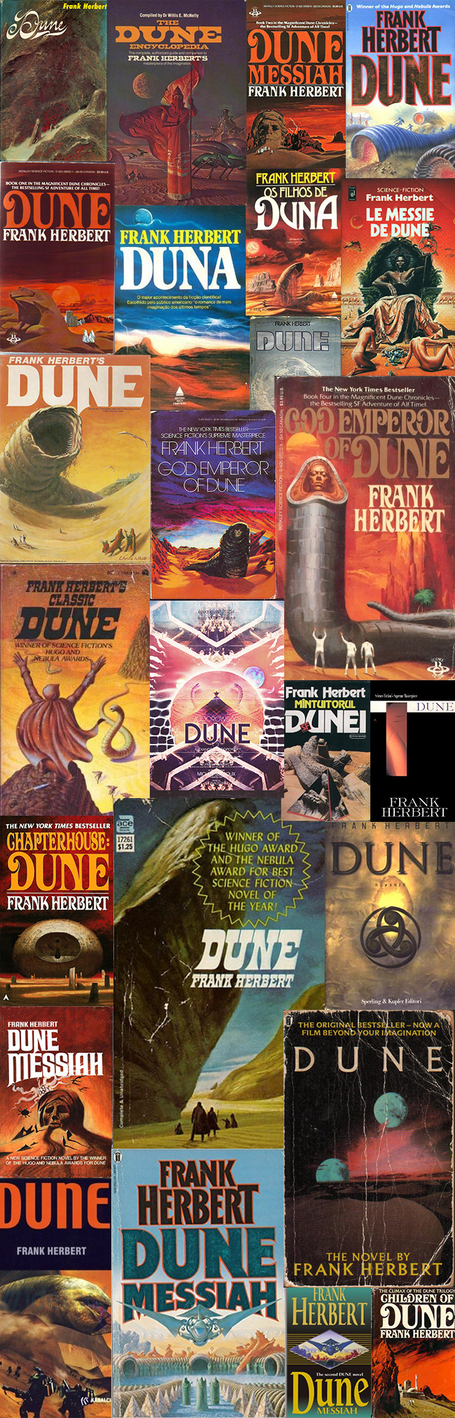 Collage with dozens of different versions of Dune. The type has been set in so many different ways. Titles can be seen set in a yet unidentified typeface (or is it lettering?) digitized as Orthodox Herbertarian, Desdemona aka Quaint, Revue, Rubens, Plantin, Alpha Midnight, Avant Garde Gothic, Kabel Black, Albertus, Engravers, Trajan, Techno and many more.