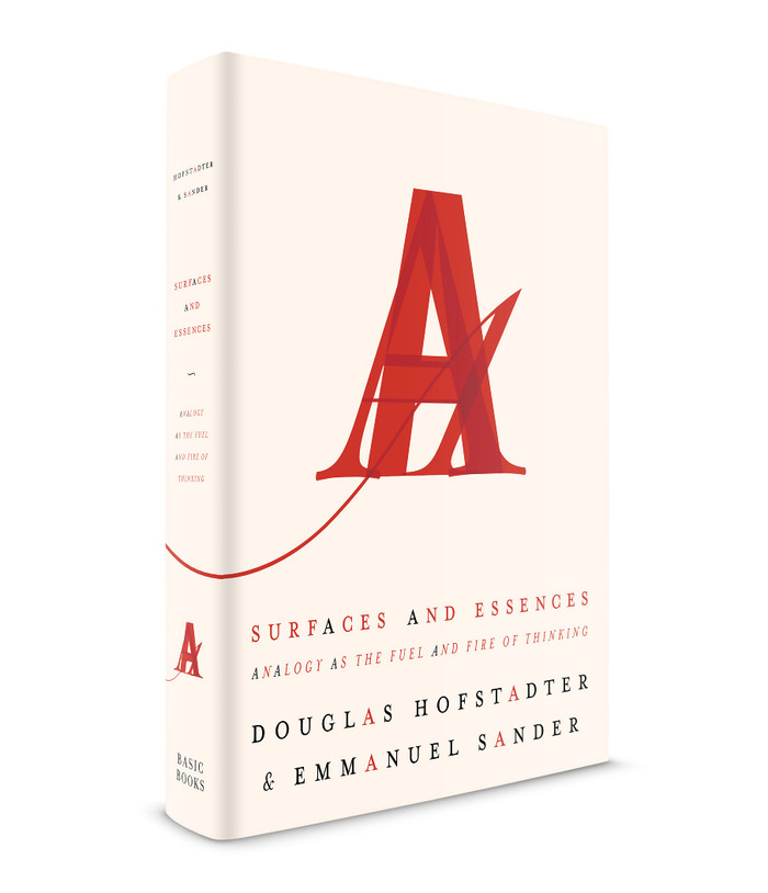 On her portfolio site, Andrea Cardenas shows a different, unused version. This design exhibits the same basic concept, but the execution is way more subtle, with more conventional letterforms all rendered in the same shade of red. Here the ‘A’s in the title and authors’ names are distinguished by color only.