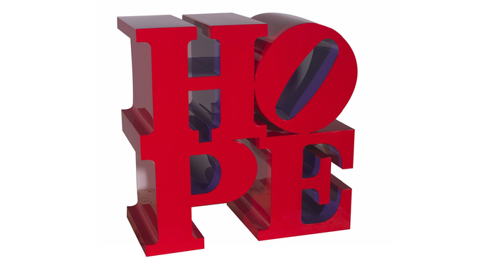 HOPE (Red/Violet), 2009. Painted aluminum. 18 × 18 × 9 in. 45.7 × 45.7 × 22.9 cm.