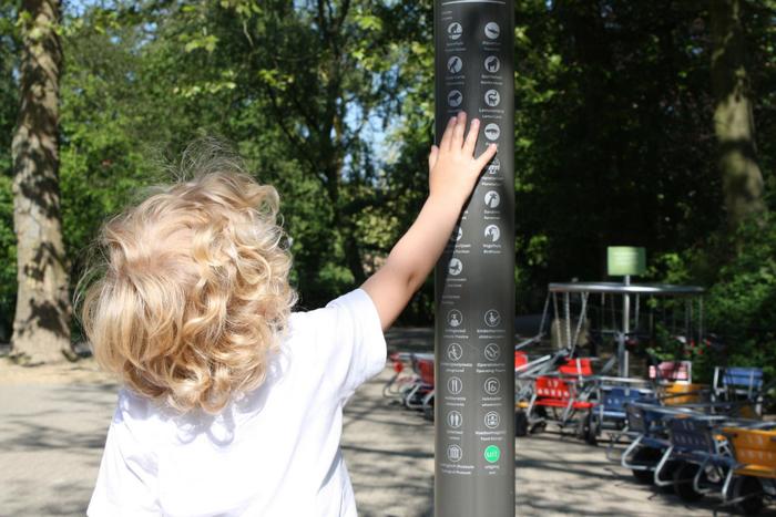 “A legend, applied on the pole so children can read it, explains the animal symbols”