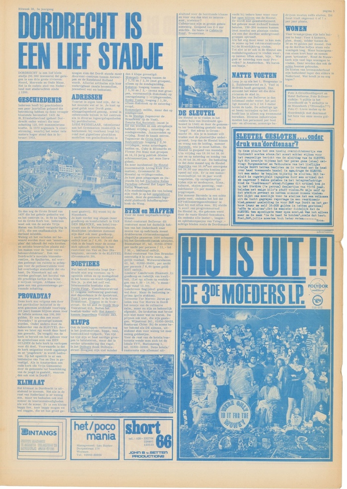 Hitweek 36, Vol. 3 “Dordrecht is a sweet little town”, “It’s Out!! The third album by The Mothers”, advertisement for We’re Only In It For The Money. Headlines set in Egyptienne.