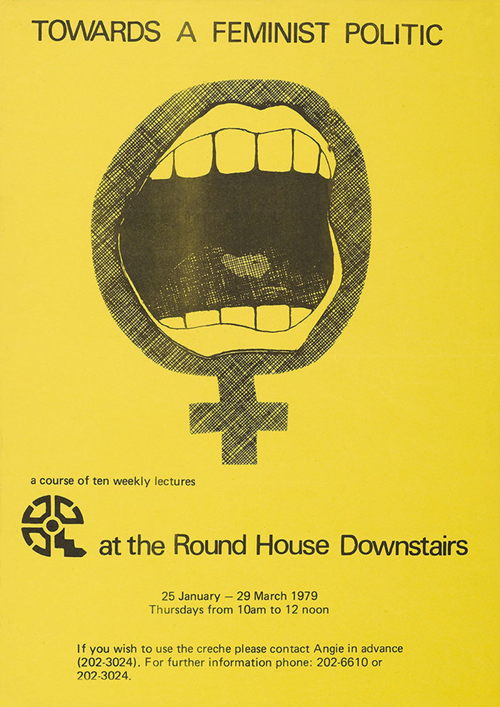 “Towards A Feminist Politic”, 1979, in Univers. The alignment suggests this was (carelessly) done with Letraset sheets.