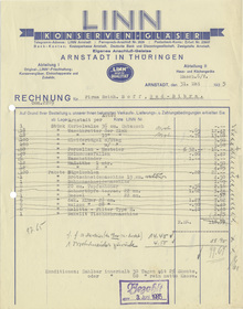 Linn Konserven-Gläser invoice, 1935