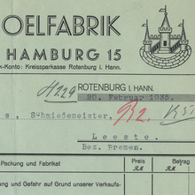 Rotenburger Ölfabrik invoice, 1935