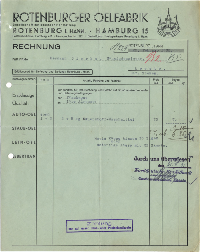 Rotenburger Ölfabrik invoice, 1935 1
