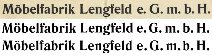 Among digital fonts, Rando Bold (Camelot, middle) and Romana Bold (Bitstream, bottom, tracked +20) come closest to the metal type used for the company’s name.