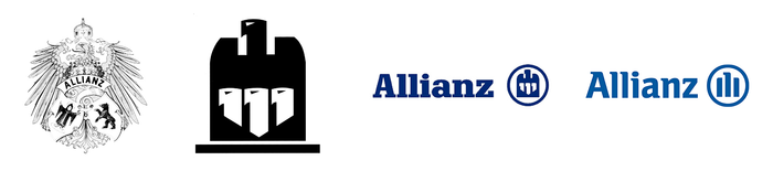 Allianz logos: 1890, 1923, 1977, 1999. The current logo was drawn by Georg Salden. Claus Koch hired Gerard Unger to create several custom fonts for the company, but they do not appear to be the basis for the logotype.