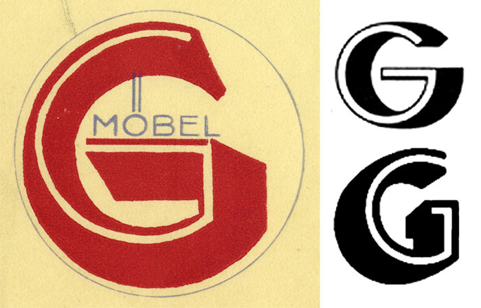 The logo with the big red ‘G’ is not from a font, but was custom drawn. This kind of three-dimensional treatment was very much in vogue in type, too. For comparison: Arno Drescher’s Helion (Schriftguss, top) and Willy Schaefer’s Neon (C.E. Weber, bottom), two related typefaces that were both released in 1935.