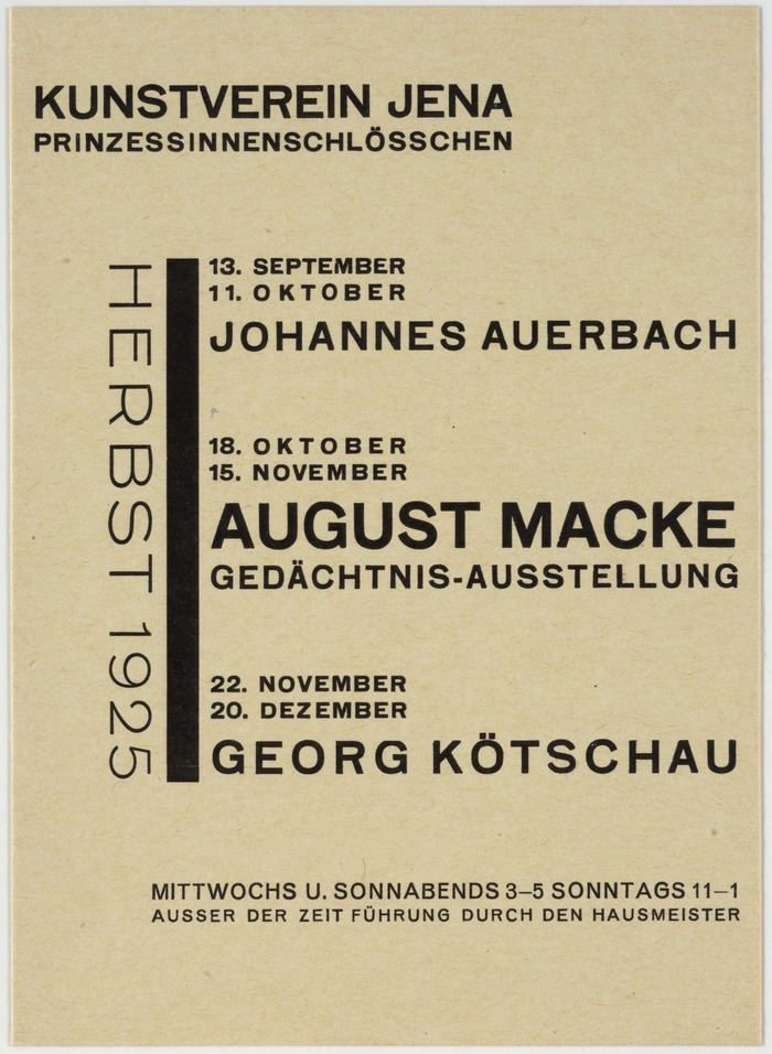 One-color version of the previous design with the program for fall 1925, feat. Johannes Auerbach, August Macke, and Georg Kötschau. “HERBST 1925” is set in the breit weight of Koralle.