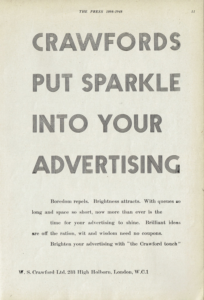 Ad in The Press 1898–1948  — “by Distinguished Contributors from All Sections of the Press. Published in its Golden Jubilee Year” by The Newspaper World.