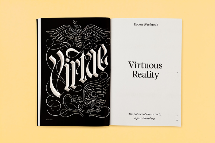 Opening spread of an essay by Robert Westbrook. Lettering by Jessica Hische.