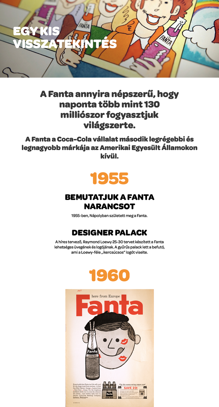 The brand timeline — here in Hungarian — combines various sizes and weights of Omnes in a center-aligned setting. The year dates in big orange numerals establish a clear visual hierarchy, with the perky ‘1’ serving as  eye-catcher.