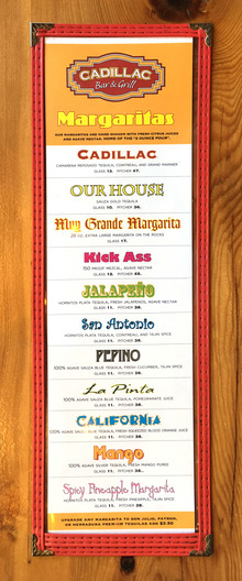 Cadillac Bar &amp; Grill margaritas menu