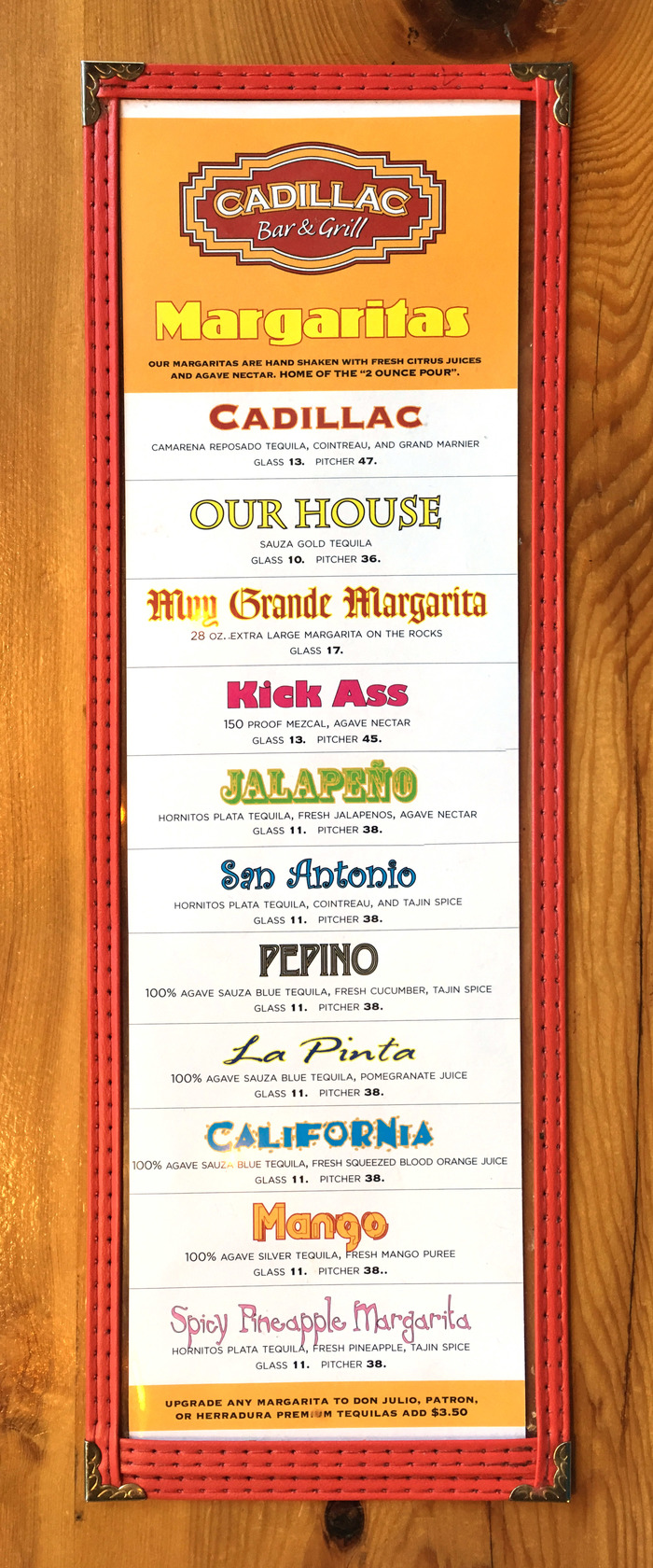 Cadillac Bar & Grill margaritas menu