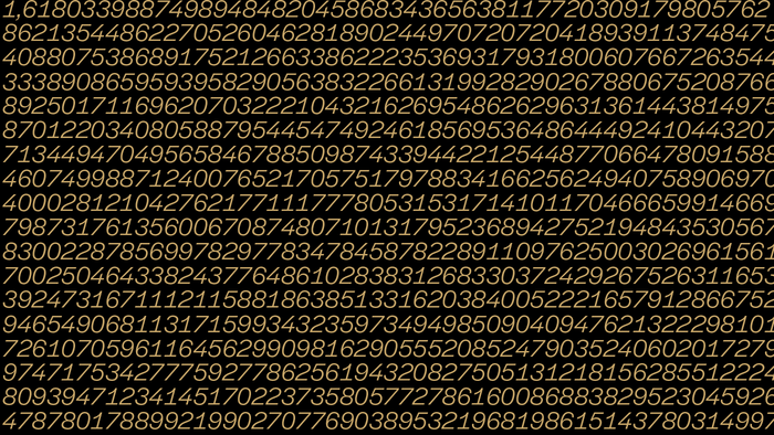 This slide shows the golden ratio, or divine proportion, calculated to a few hundred decimal places. The typographic pattern and texture created shows the tabular numerals from Halyard Display Book Italic to striking effect.