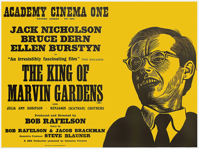 The King of Marvin Gardens (US 1972) — Big actors’ names are set in a style generically called Antique, stemming from Figgins’ Antique. Giza and Ziggurat are related digital versions. Smaller names are in caps from Windsor. The small type at the bottom is Latin Bold or similar.
