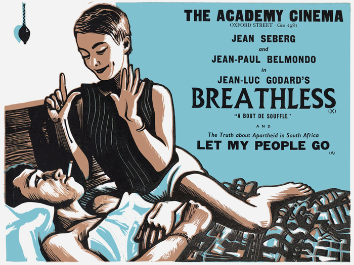 Breathless (FR 1960) — The title is set in caps from Albertus, with charmingly unbalanced spacing. The bold gothic caps used for “The Academy Cinema” and elsewhere in the series exhibit qualities that have been captured in contemporary anthologies/reinterpretations like Rhode, Knockout or Champion Gothic.