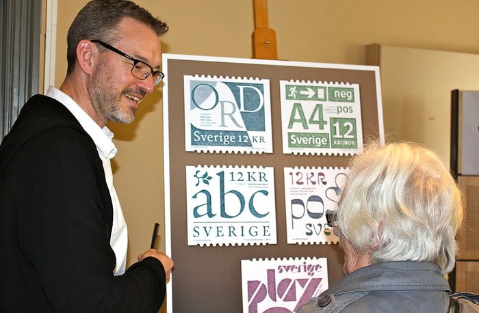 Gustav Mårtensson, the designer of the stamps, explaining how the typefaces were selected by their importance to Swedish typographical history and their ability to represent the graphic expression of their time.