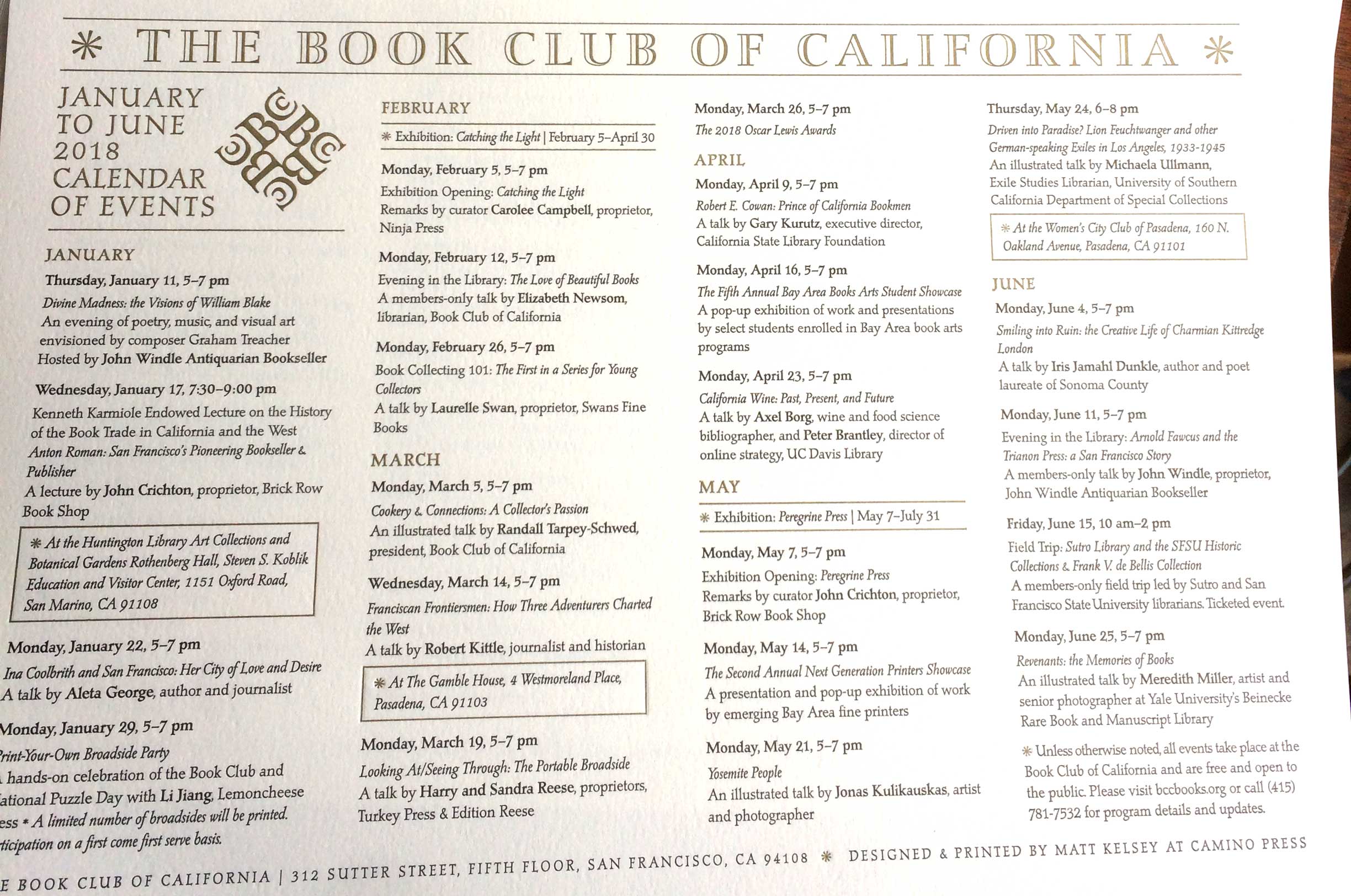 Book Club of California Events Calendar Fonts In Use