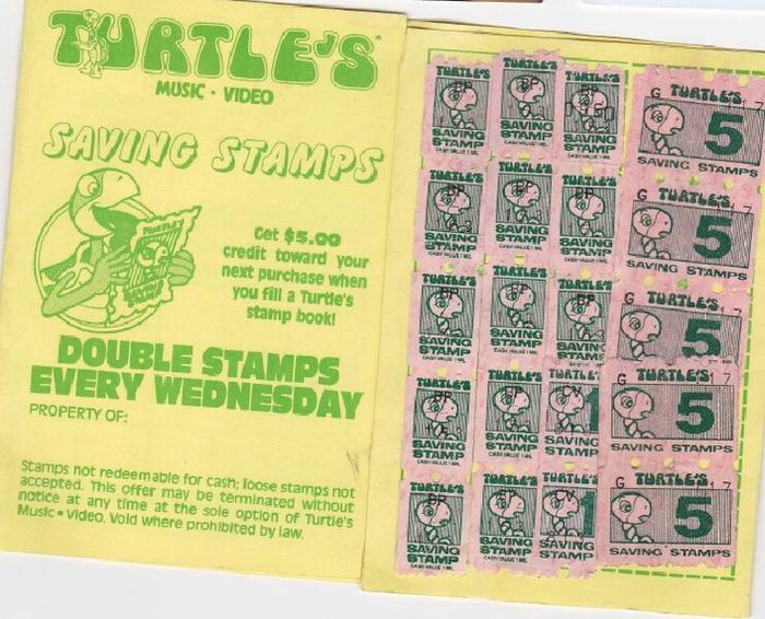 A full page in a booklet of Turtle’s saving stamps. The Turtle’s logo is in Mania Contour. Secondary typefaces include Balloon Drop Shadow and Antique Olive (with Compact).