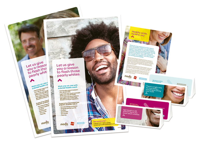 Promotional posters, flyers and table tents from a campaign for dental wellness.