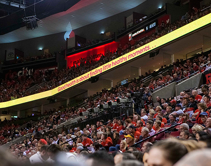 Video display ad with animated Omnes shown during a match at the Moda Center, Portland, OR. Design by Aubree Swalko.