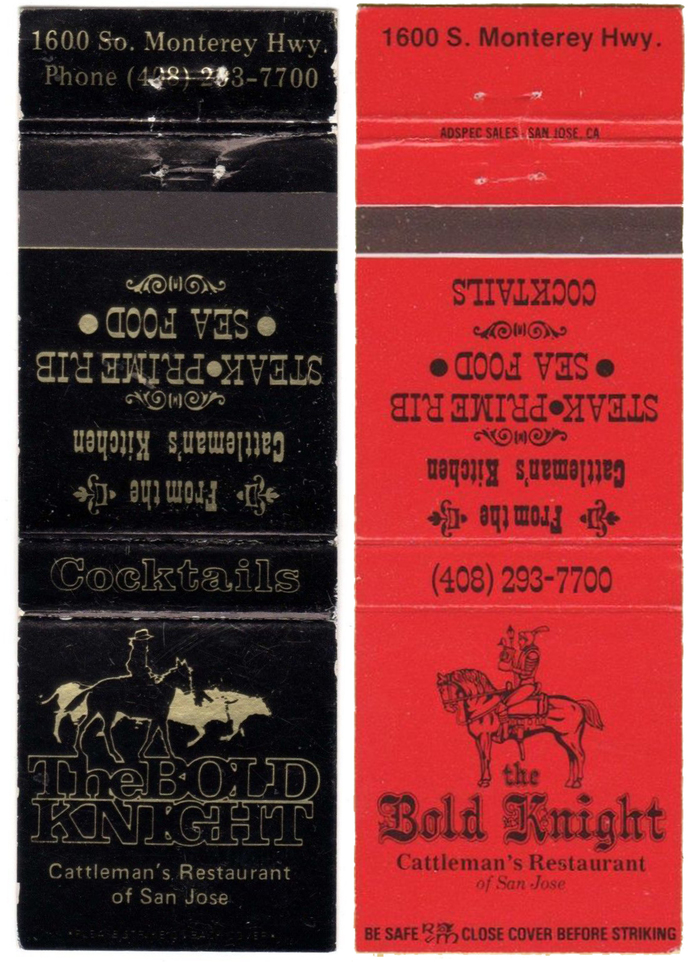 The Bold Knight, Cattleman’s Restaurant of San Jose matchbooks 2