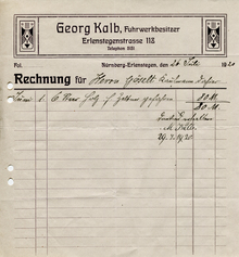 Georg Kalb Fuhrwerkbesitzer invoice, 1920